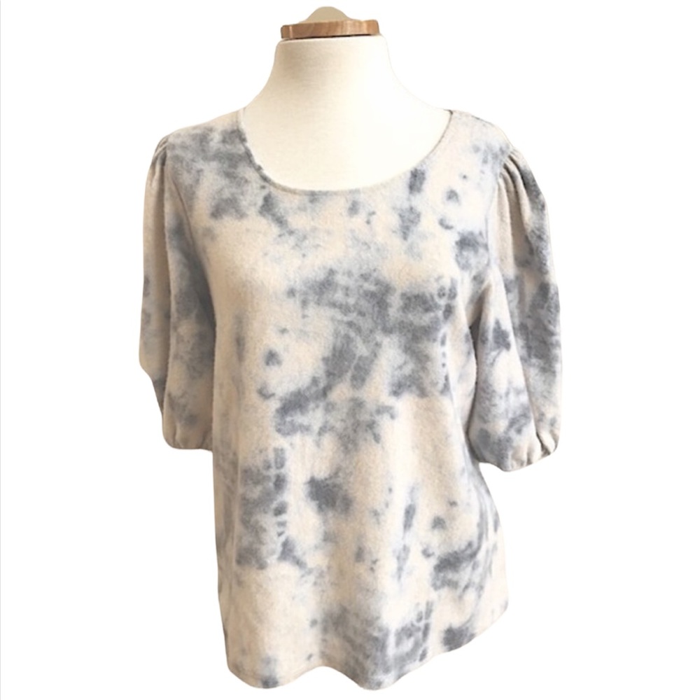 W5 x Anthropologie Tie Dye Puff Short Sleeve Flannel Sweater Cream Blue MED NWT